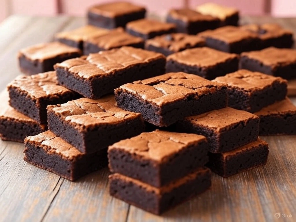 Premium crinkle top fudgy brownies and baking illustration - Ovenly By Nilav specialties